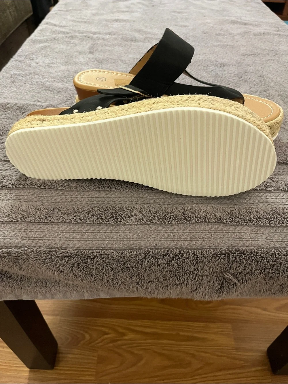 Black Espadrille Platform Thong Wedges with Gold Buckle